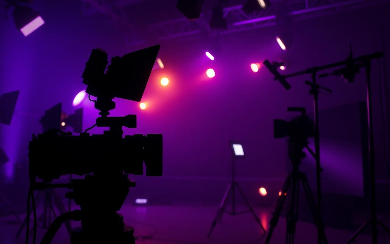 موقع تصوير سينمائي بإضاءة أرجوانية وذهبية
